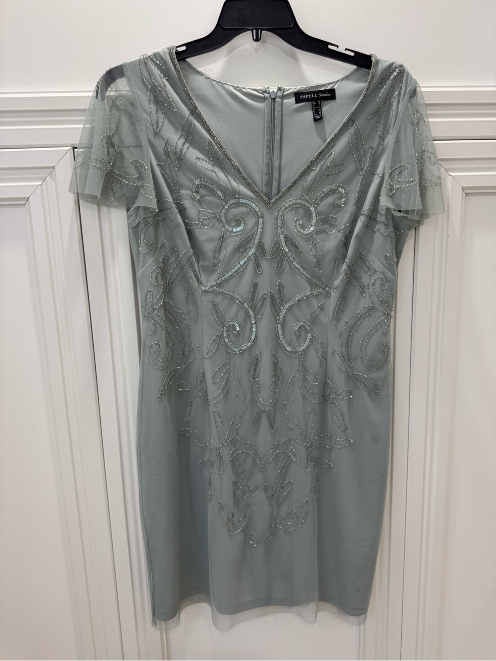 Adrianna Papell Sage Green Beaded V-Neck Cocktail Dress